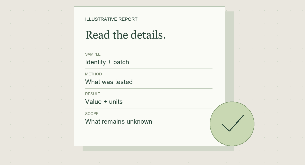 An illustrative report with sample, method and result fields; not a real certificate